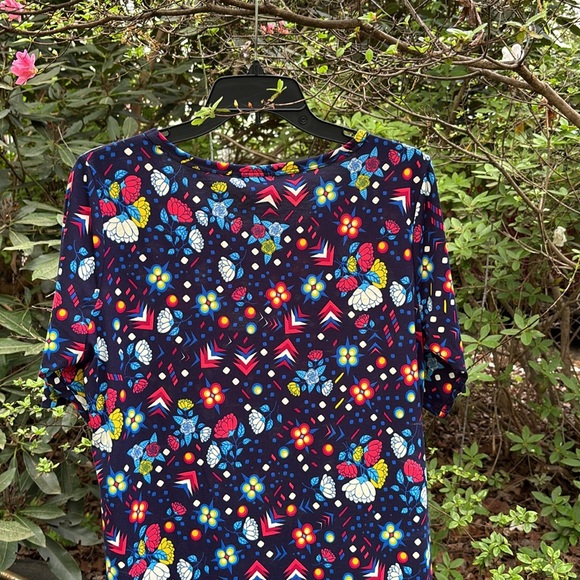 LuLaRoe Floral Blue SS Midi Dress Geometric Designs Triangles Circles Flowers XL - Picture 6 of 12